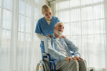 Help support retirement healthcare. Nurse helping old man in wheelchair. Patient and woman in...