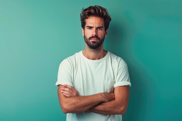 Fototapeta premium A man with a beard and a white shirt is standing in front of a blue wall