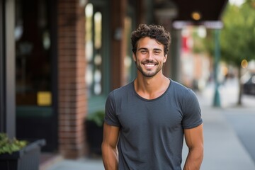 Fototapeta premium A man with a smile on his face is standing on a sidewalk in front of a brick bui