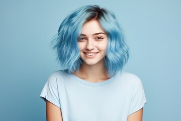 Obraz premium A woman with blue hair is smiling and wearing a blue shirt