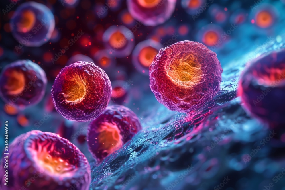 Poster this image features a 3d rendering of cellular structures with an emphasis on their intricate detail