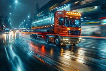 Fototapeta premium A red fuel tanker truck speeding through a city road at night, creating beautiful light trails and urban energy