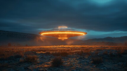 at deep midnight, a ufo lands in a field on earth to mark world ufo day, showcasing the mystery and wonder of extraterrestrial visitors