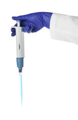 Laboratory analysis. Scientist holding micropipette on white background, closeup