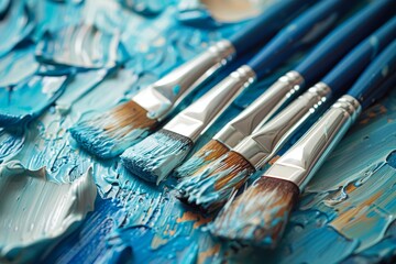 Fototapeta premium Close-up of various sized paintbrushes covered in blue paint lying on a canvas, depicting an artistic and creative process