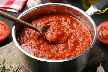 Homemade tomato sauce and spoon in pot on table, closeup
