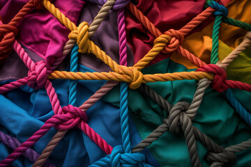 close up of a rope, At the heart of the composition, a network of ropes symbolizes the diversity of the team