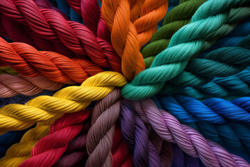close up of colorful ropes, At the heart of the composition, a network of ropes symbolizes the diversity of the team