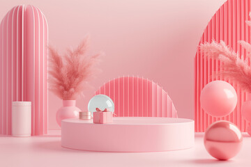 pink background, At the center of the composition, a pink podium stands proudly, its smooth surface bathed in soft pastel hues