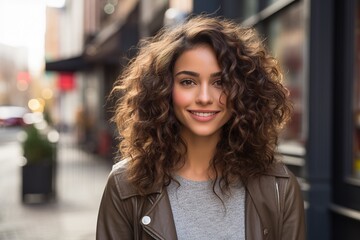 Obraz premium A woman with curly hair is smiling and wearing a leather jacket