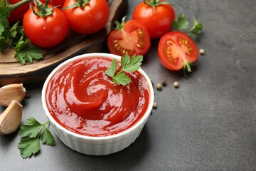 Delicious ketchup in bowl, tomatoes, parsley and garlic on grey table, closeup
