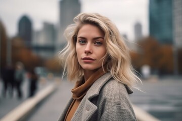 Fototapeta premium A blonde woman wearing a brown sweater stands in front of a city skyline