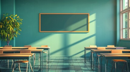 modern school classroom with tables, chairs, and a blackboard on the wall a minimalist design representing the concept of returning to school