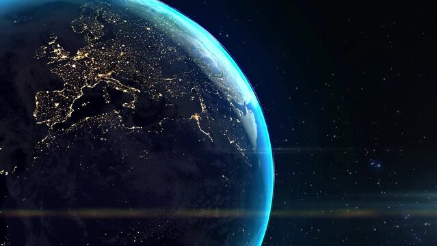 Realistic beautiful view from space of the European continent at night before dawn. Luminous lights of evening cities. Panet is slowly rotating around its axis. 4k footage