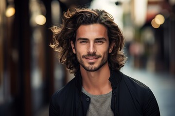 Fototapeta premium A man with long hair is smiling and wearing a black jacket