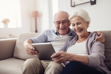 A couple of older people are sitting on a couch and looking at a tablet