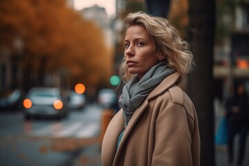 Fototapeta premium A woman wearing a brown coat and scarf stands on a city street
