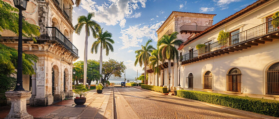 Beautiful sunlit street in the Dominican Republic showcasing traditional Spanish colonial architecture and vibrant greenery.