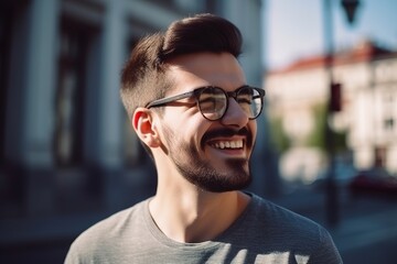 A man with glasses and a beard is smiling