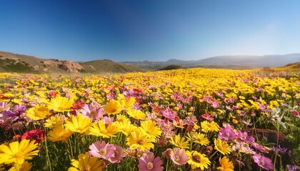 Fototapeta premium A blanket of colorful wildflowers, primarily yellows and pinks, under a clear blue sky