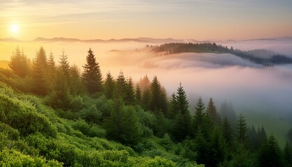 A hilltop view of a misty forest at dawn, trees fading into soft whites and greens,