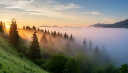 A hilltop view of a misty forest at dawn, trees fading into soft whites and greens,