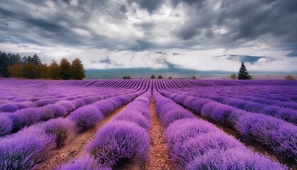 A vibrant lavender field, rows creating a rhythmic pattern, under an overcast sky providing 