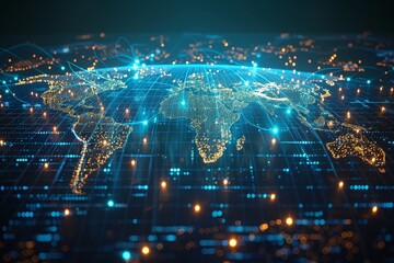 A high-tech digital world map on a blue interface representing global connectivity and technology
