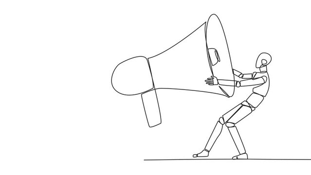 Animated self drawing of continuous one line drawing two emotional robot fighting over megaphone. Scramble to announce vacancies and look for reliable employees. Full length single line animation