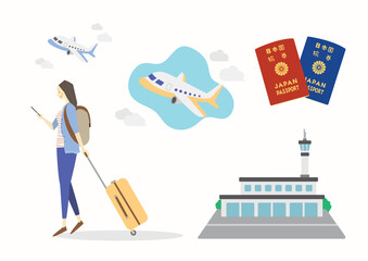 空港でスマートフォンを片手に黄色いスーツケースを引く女性と日本のパスポートセット