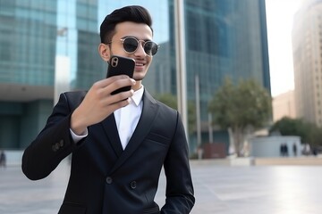 A man in a suit is taking a selfie with his cell phone