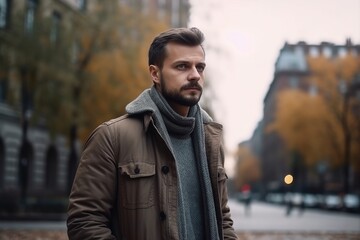 A man wearing a brown coat and scarf stands on a sidewalk in front of a building