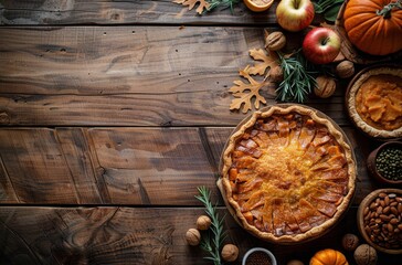 A Pie Surrounded by Thanksgiving Foods on Wooden Table