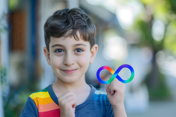 A little boy holds an autism sign in the form of an infinite rainbow symbol. World Autism Awareness Day, autism rights movement, neurodiversity