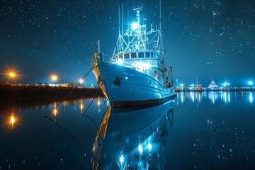 Obraz premium An enchanting nightscape portraying a ship anchored in a tranquil harbor, illuminated under a starry sky