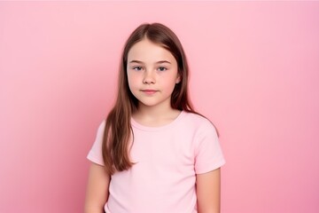 A young girl is wearing a pink shirt and standing in front of a pink wall