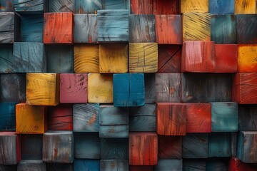 Creative display of brightly painted wooden panels used to construct an artistically appealing and...