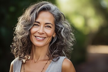 A woman with gray hair is smiling and looking at the camera