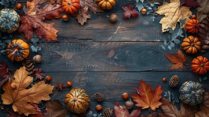 Wooden Table Displayed With Various Autumn Decorations