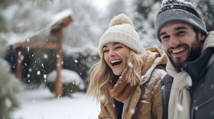 Fototapeta premium Young couple on the snow in winter 