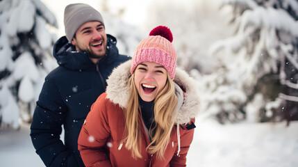 Fototapeta premium Young couple on the snow in winter 