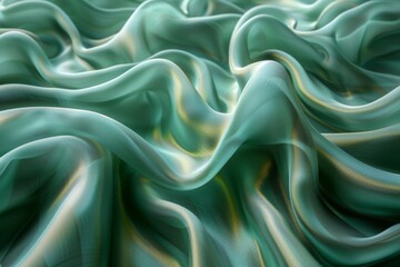 Obraz premium A dynamic display of flowing emerald green satin fabric with a graceful wave pattern and elegant sheen