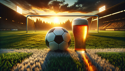 soccer ball and beer on a Soccer pitch, Generative Ai