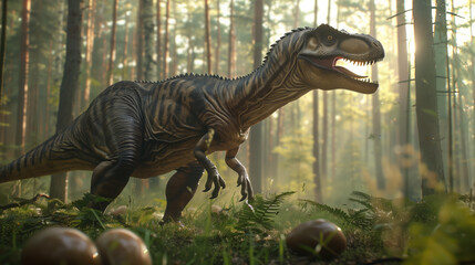 A dinosaur in the forest, like Allosaurus or shotsis, is depicted among eggs and grasslands in a...
