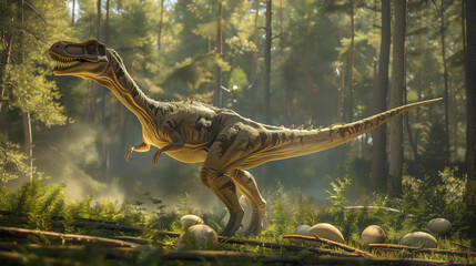 A dinosaur in the forest, like Allosaurus or shotsis, is depicted among eggs and grasslands in a...