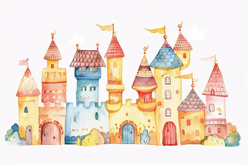 Whimsical watercolor illustration of a colorful fairytale castle