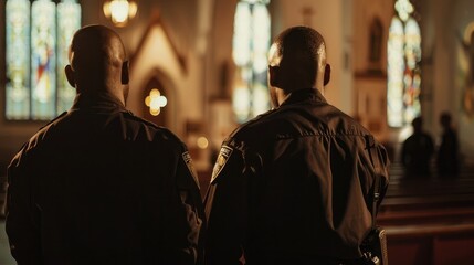 A volunteer security team keeping watch during a service at a church keeping an eye out for any suious activity