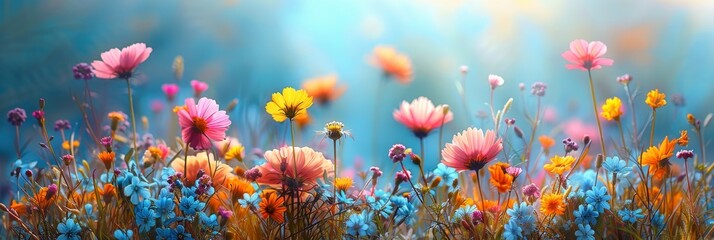 Colorful Flowers in Field Under Blue Sky