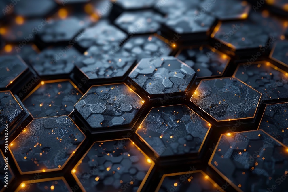 Poster detailed image of interconnected hexagonal shapes with orange illuminated edges on a textured surfac