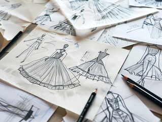 Fashion sketches scattered on a table Representing the creative process and flow of ideas